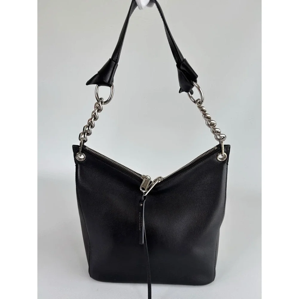 Jimmy Choo raven Hobbo Bag Black Leather With Silver Chain Accents